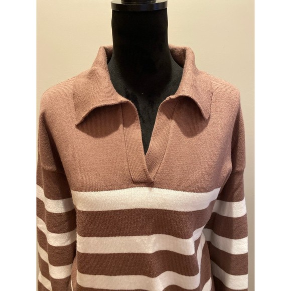 Lillusory Sweater Size Medium Collared V Neck Striped Tan & Cream Super Soft - Picture 2 of 12